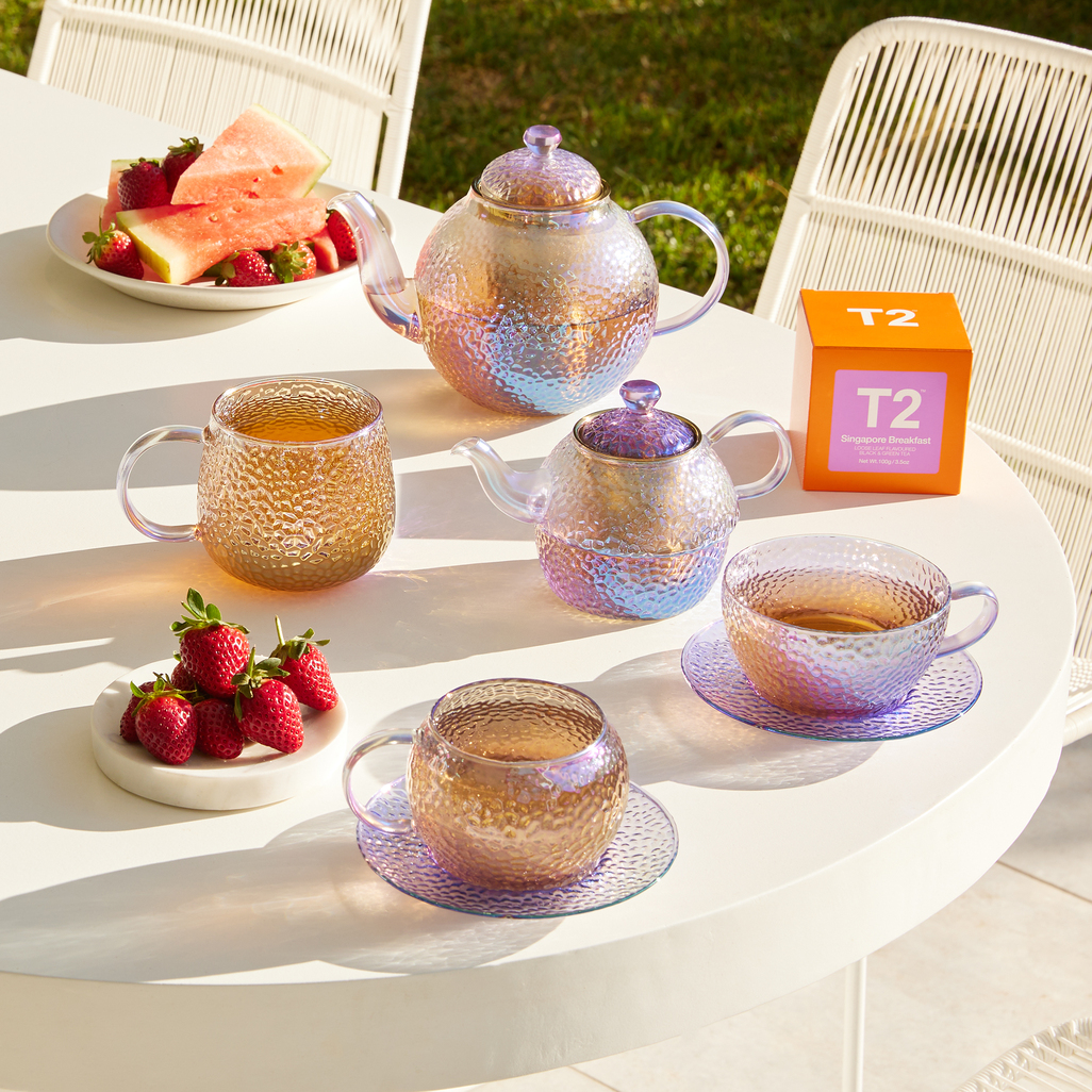 Glass teapot and clearance cups