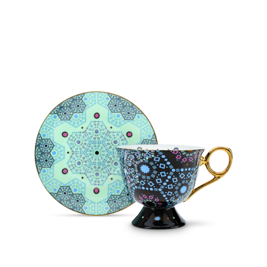 Moroccan Tealeidoscope Black Cup & Saucer Tall image number 0
