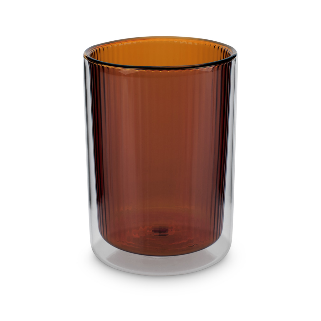 Ribbed Double Walled Glass Tumbler Short Amber image number 0