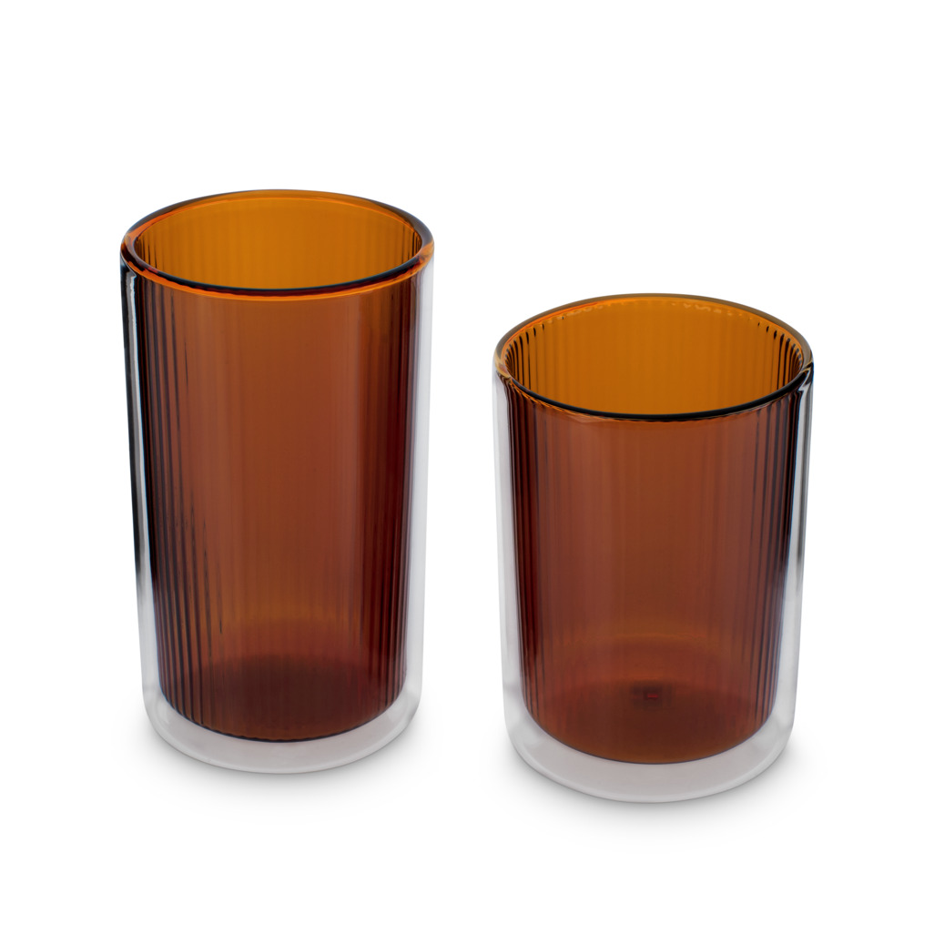 Ribbed Double Walled Glass Tumbler Short Amber image number 5
