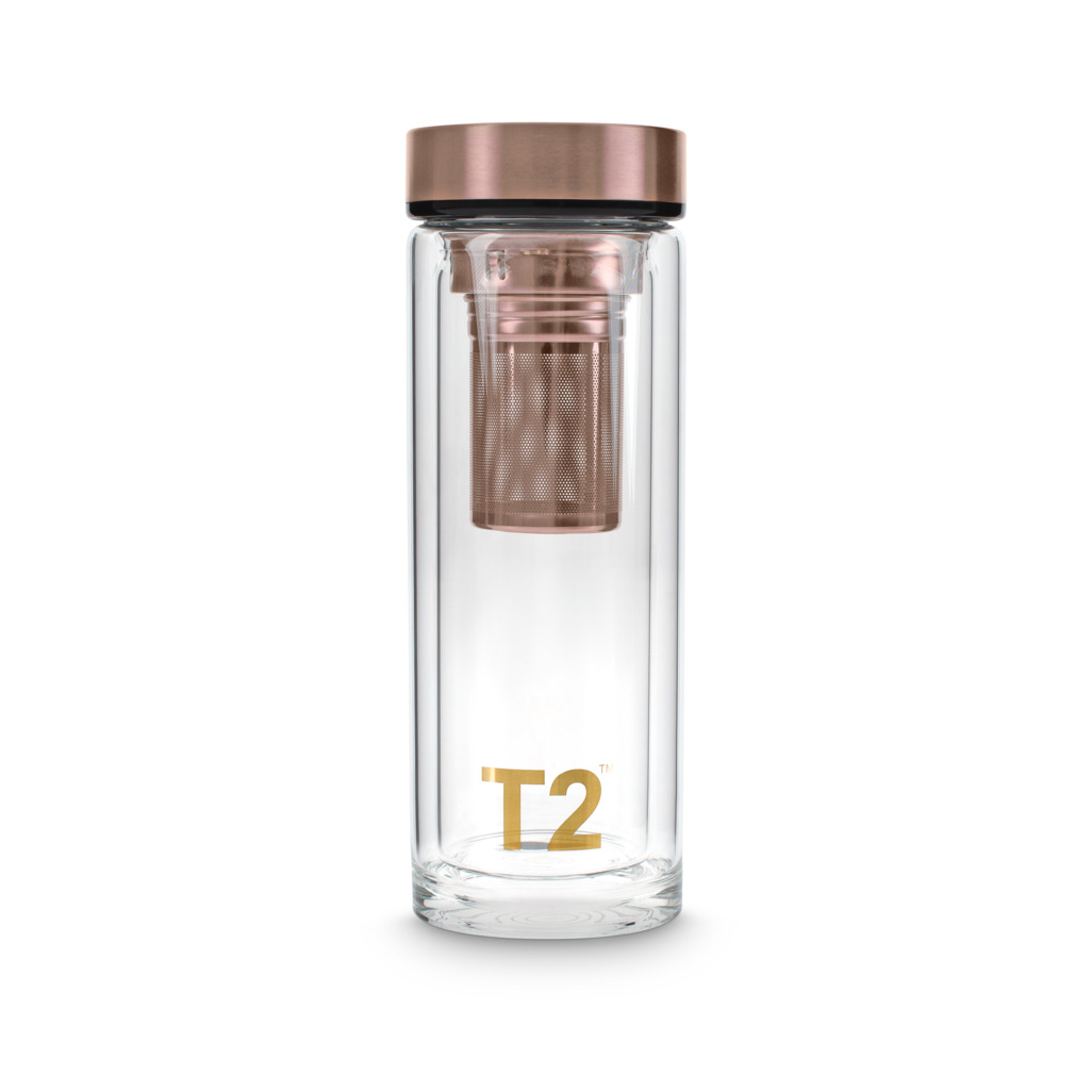 T2 Double Walled Glass Flask Rose Gold Tea Flasks Tea Bottles