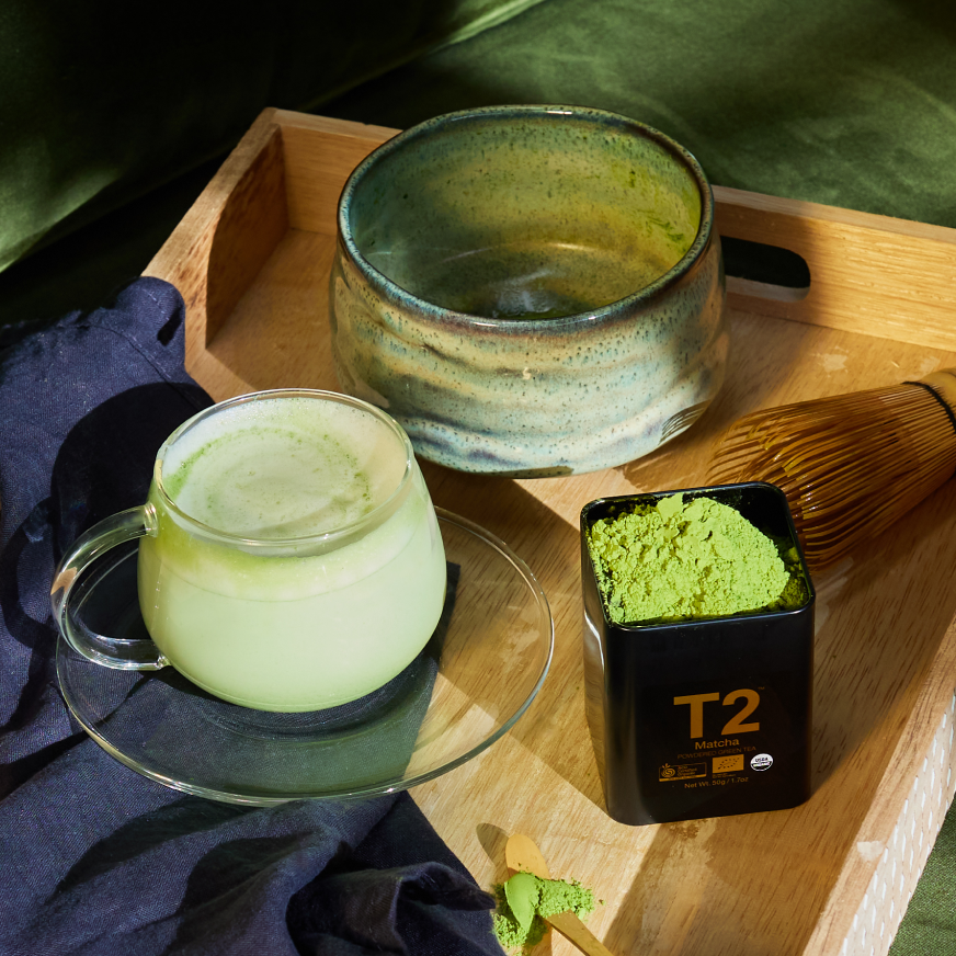 T2 matcha powder, matcha bowl and brewed matcha latte