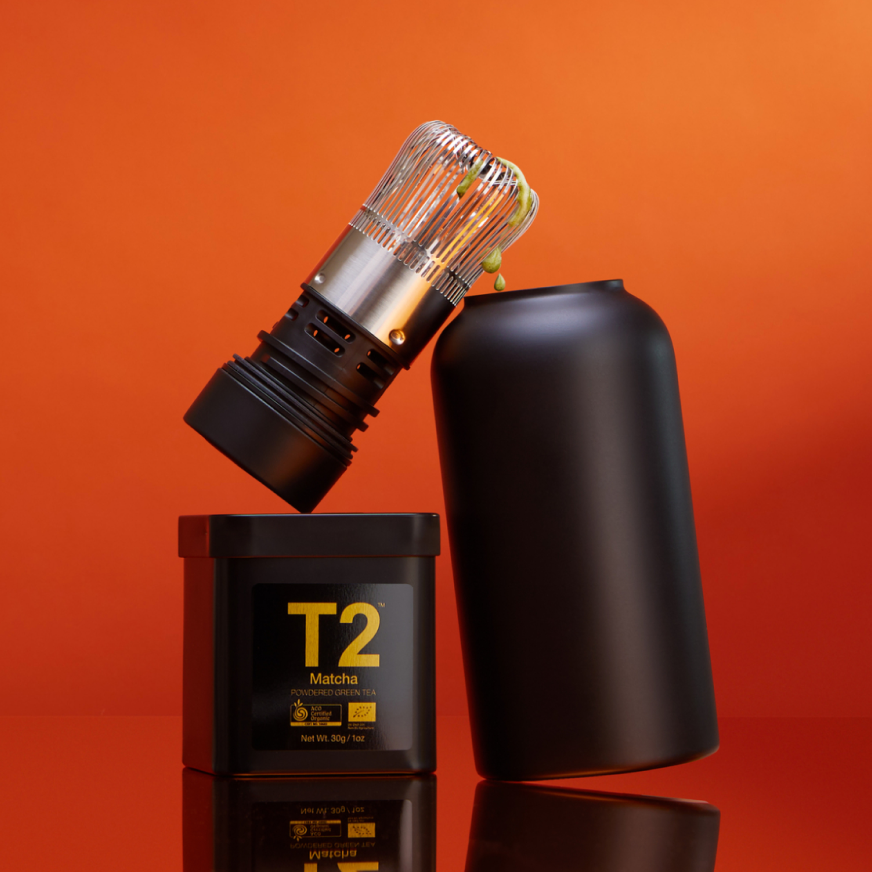 T2 stainless steel matcha flask with matcha powder tin