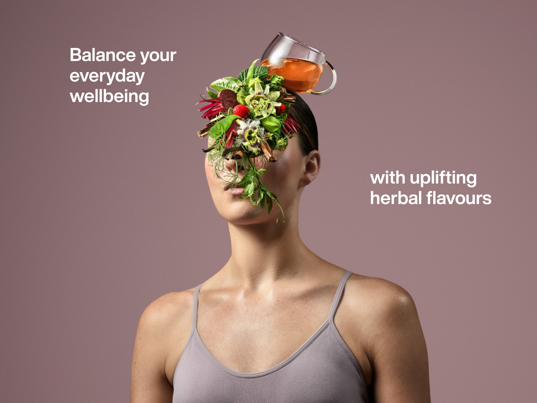 Tea and flowers balanced on womans head
