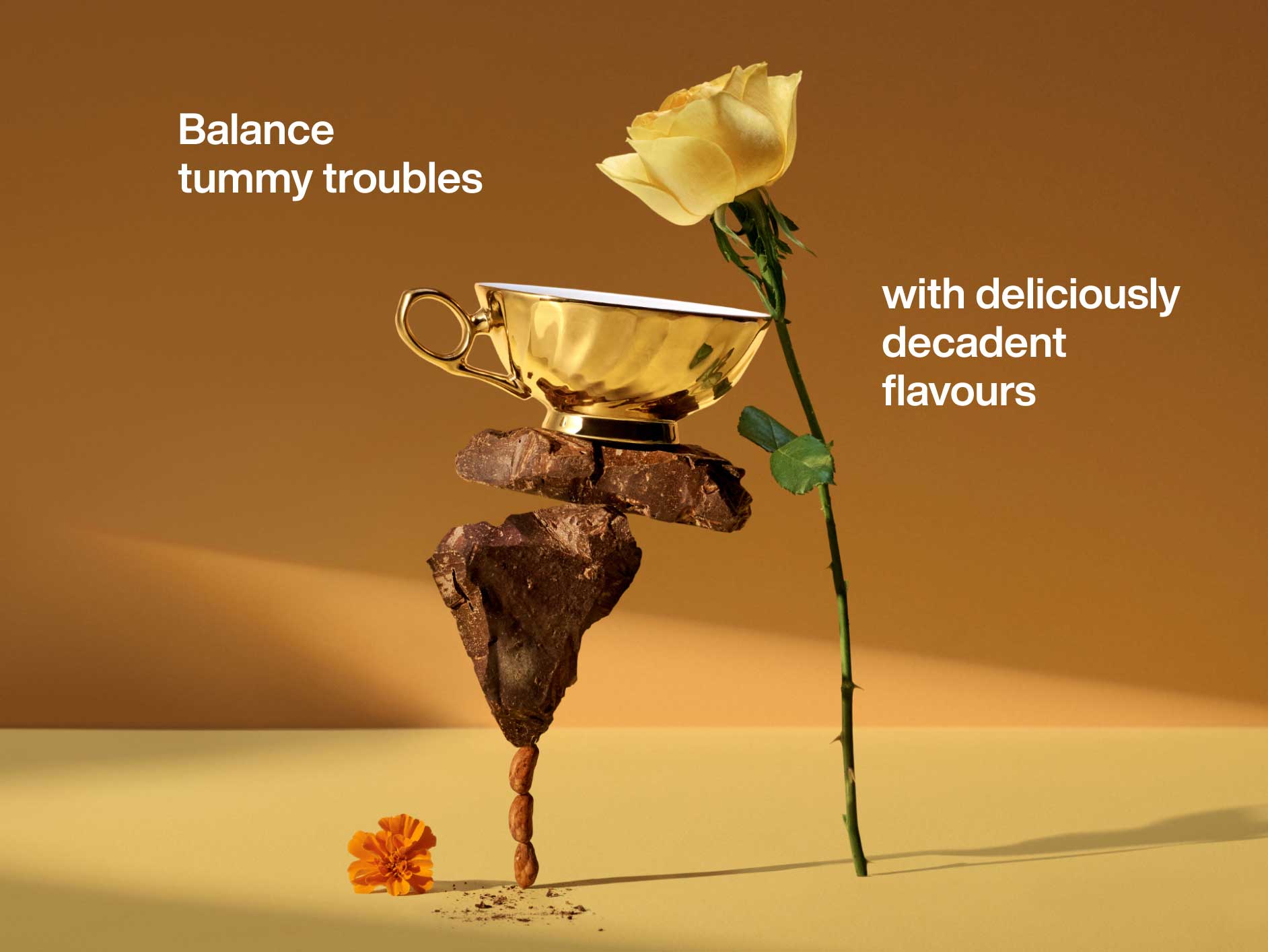 A precariously balanced tower of tummy tea ingredients