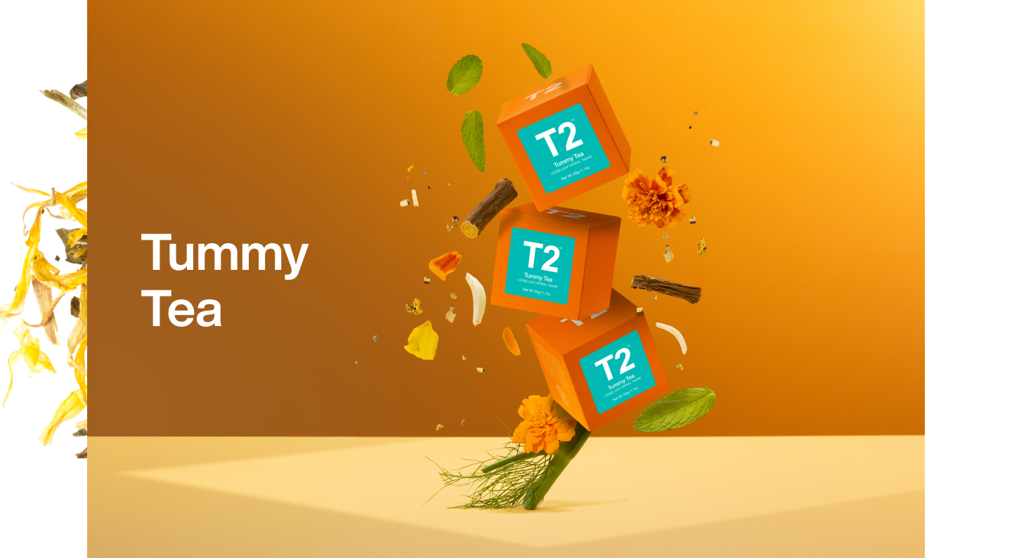 T2 Tummy tea boxes stacked on top of each other