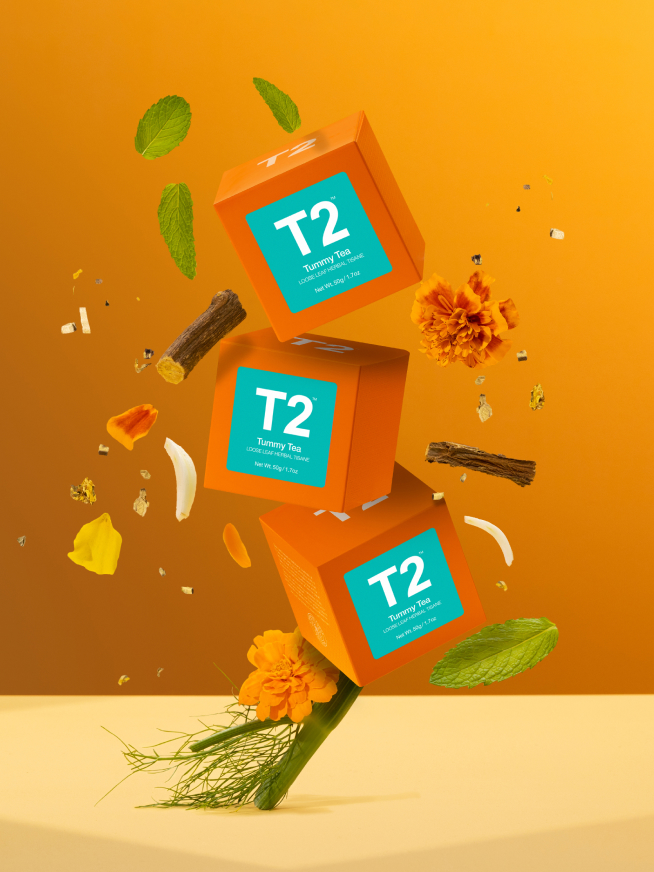 T2 Tummy tea boxes stacked on top of each other