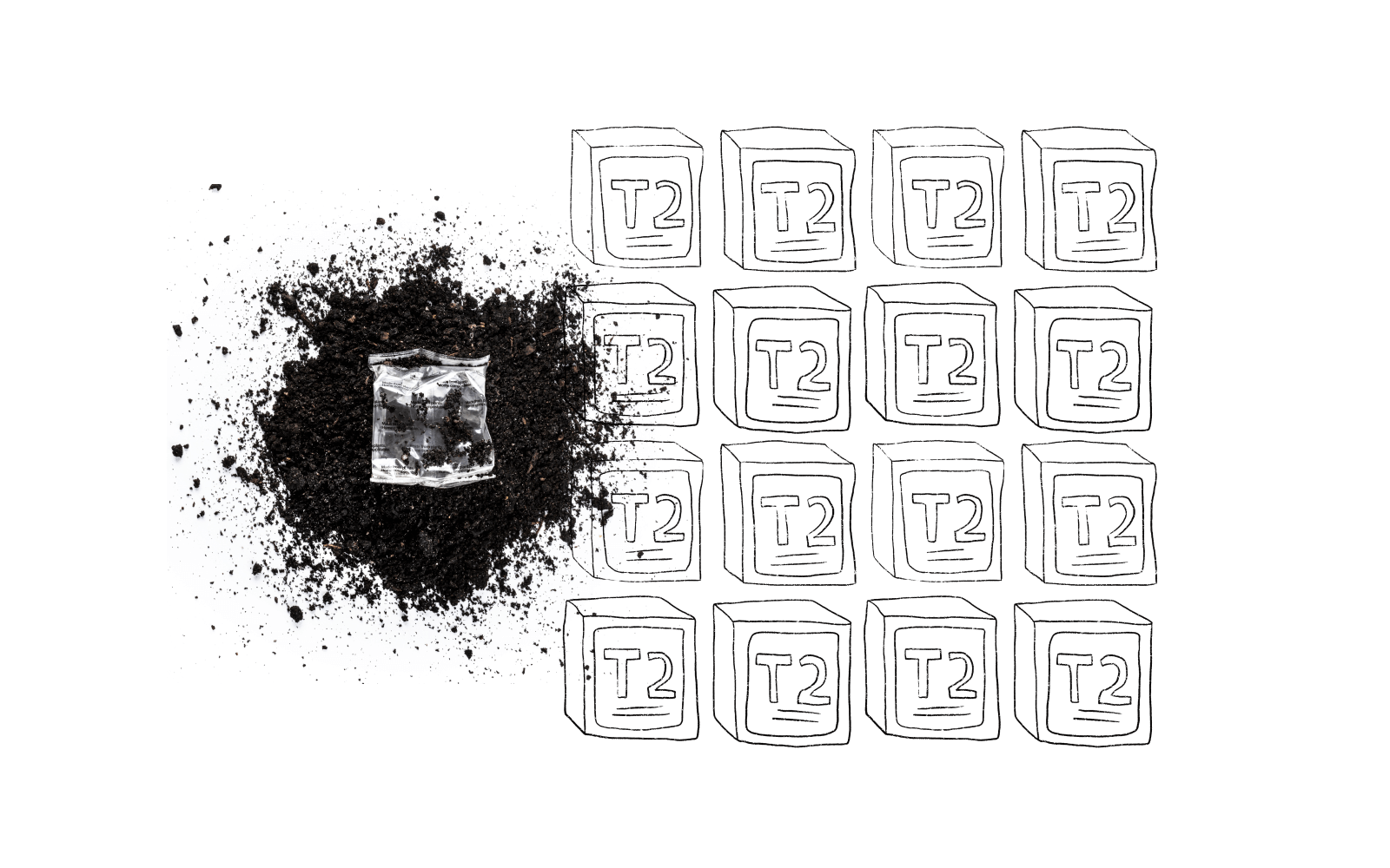 T2 tea bag resting on a pile of dirt