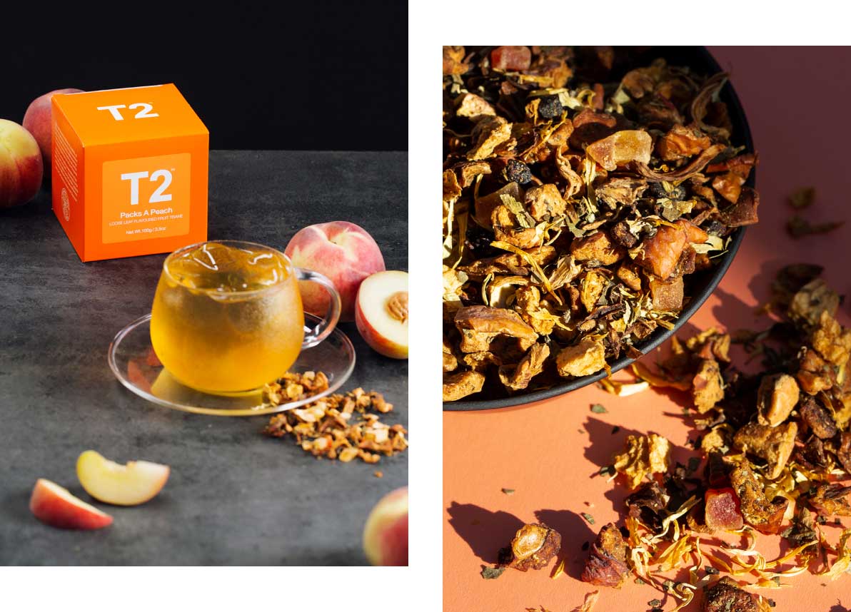 A cup of freshly brewed T2 Packs A Peach