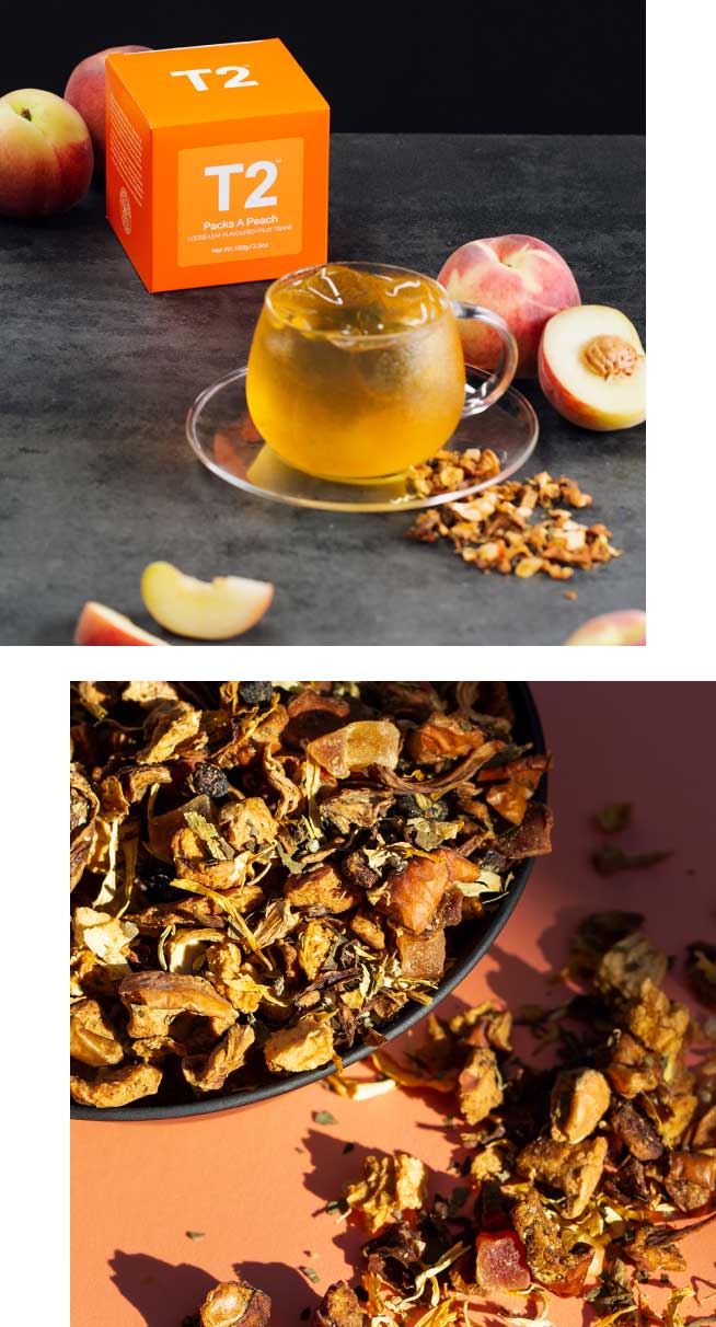 A cup of freshly brewed T2 Packs A Peach
