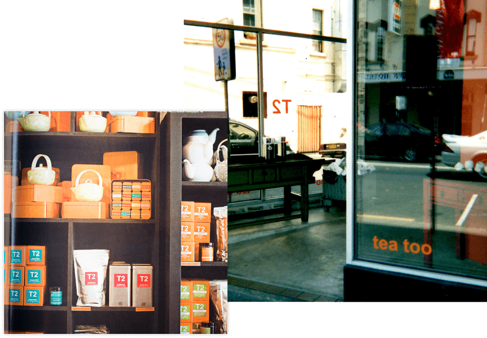 Close up detail of T2 tea on a wooden shelf