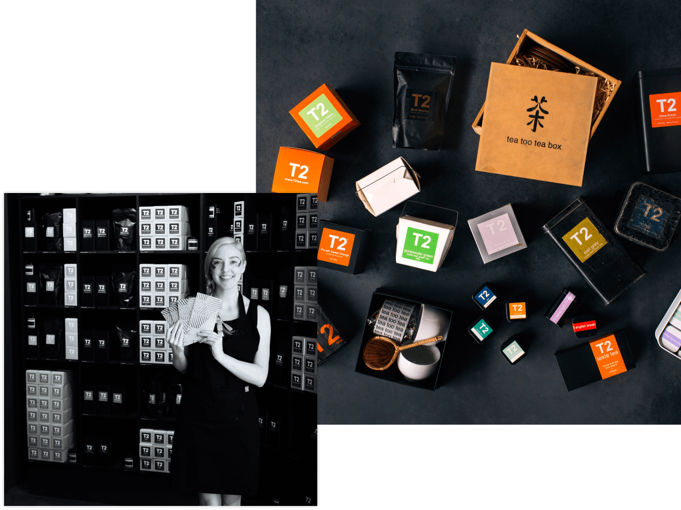 Colourful T2 Products on a dark background