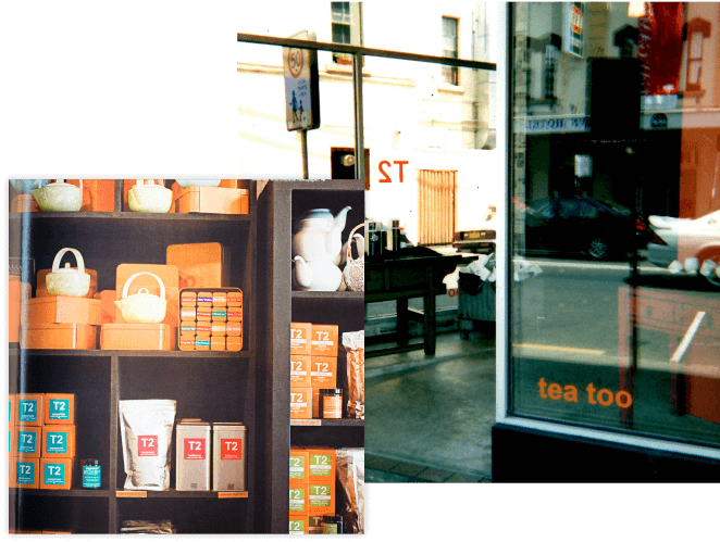 Close up detail of T2 tea on a wooden shelf