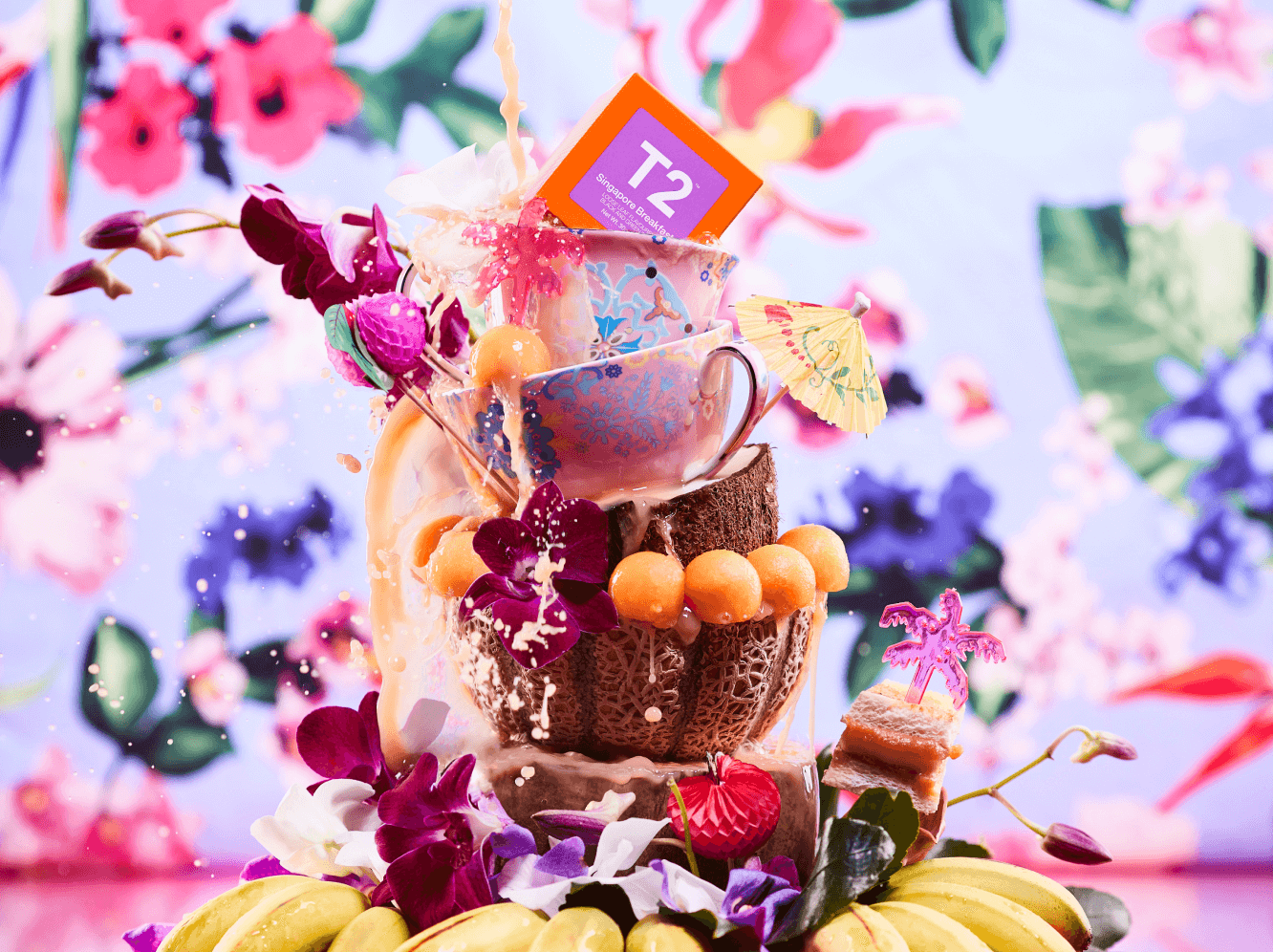 Small stack of T2 tea cups, t2 products sitting inside a coconut shell