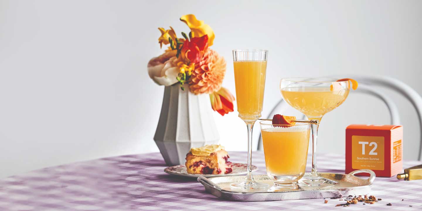 Various full glasses of the Southern Sunrise Mimosa