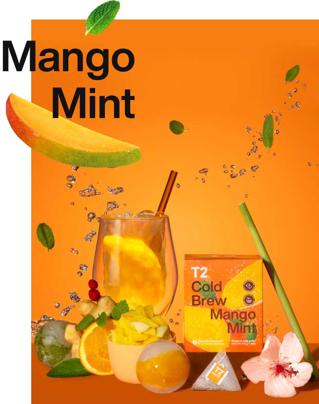 Mango Mint in a box and brewed in a glass