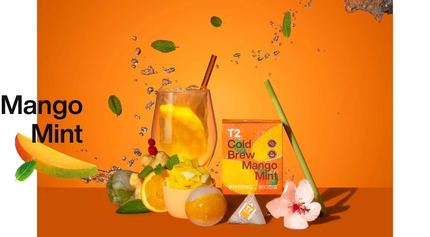 Mango Mint in a box and brewed in a glass