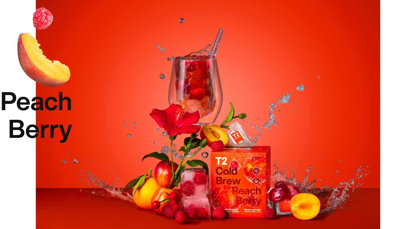 Peach Berry in a box and brewed in a glass