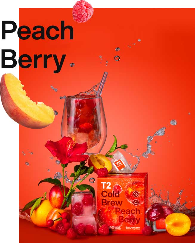 Peach Berry in a box and brewed in a glass
