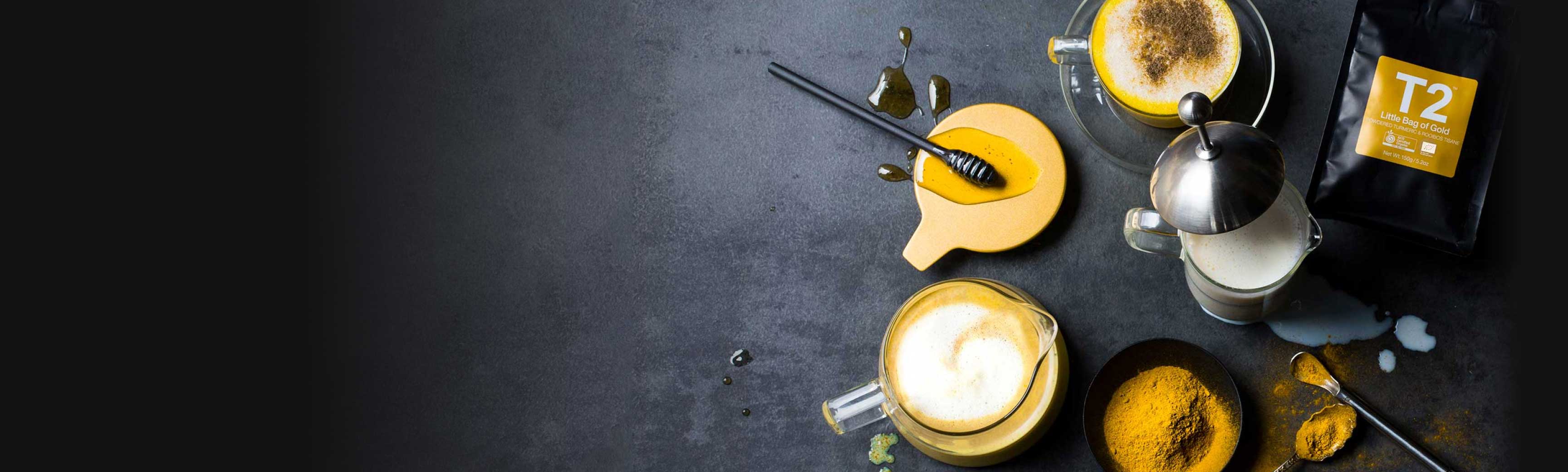 Tea latte ingredients with T2 Little Bag of Gold