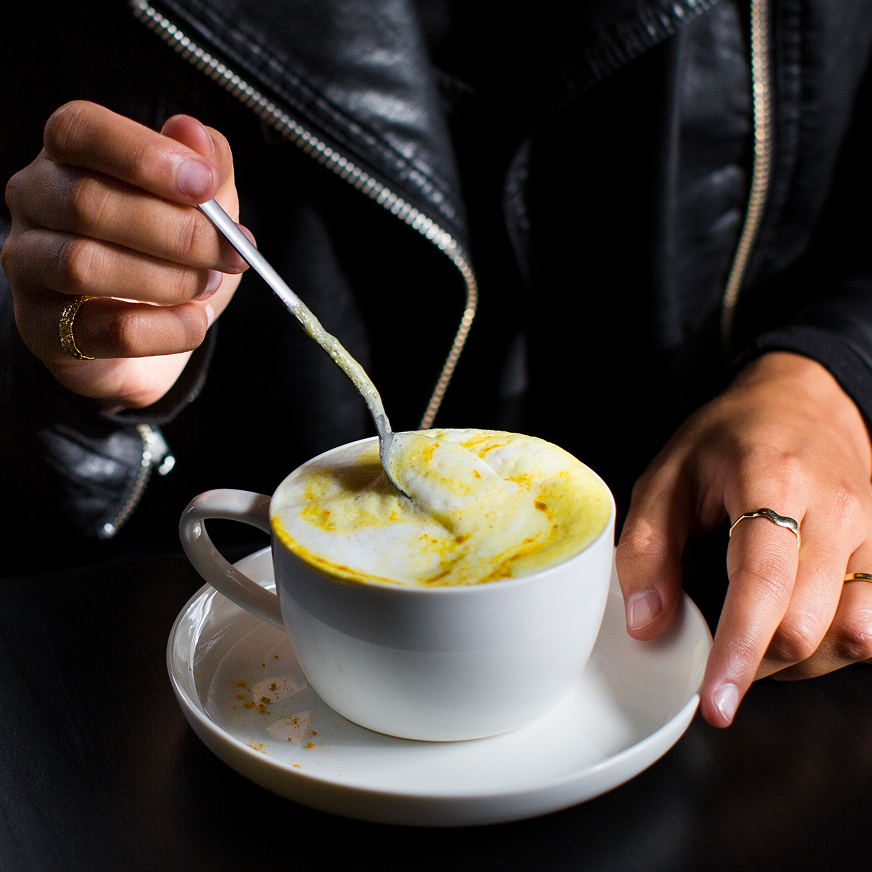 Turmeric matcha latte in a mug