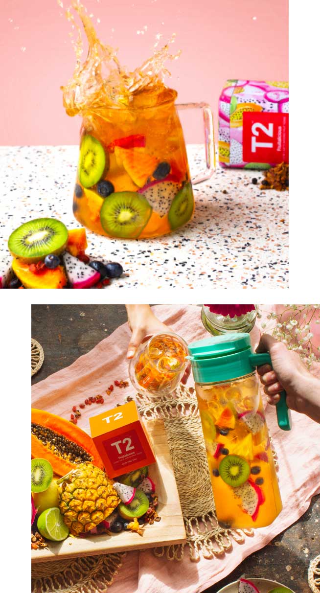 A jug of freshly brewed T2 Fruitalicious tea