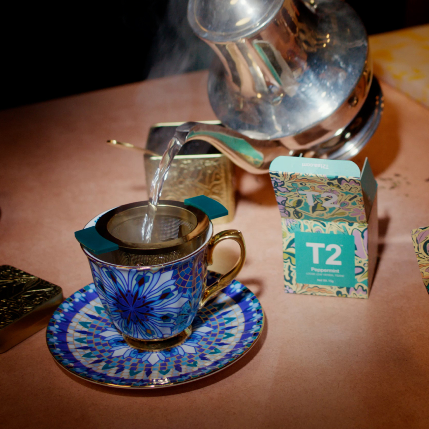 T2 tea brewing in a Palazzo cup and saucer