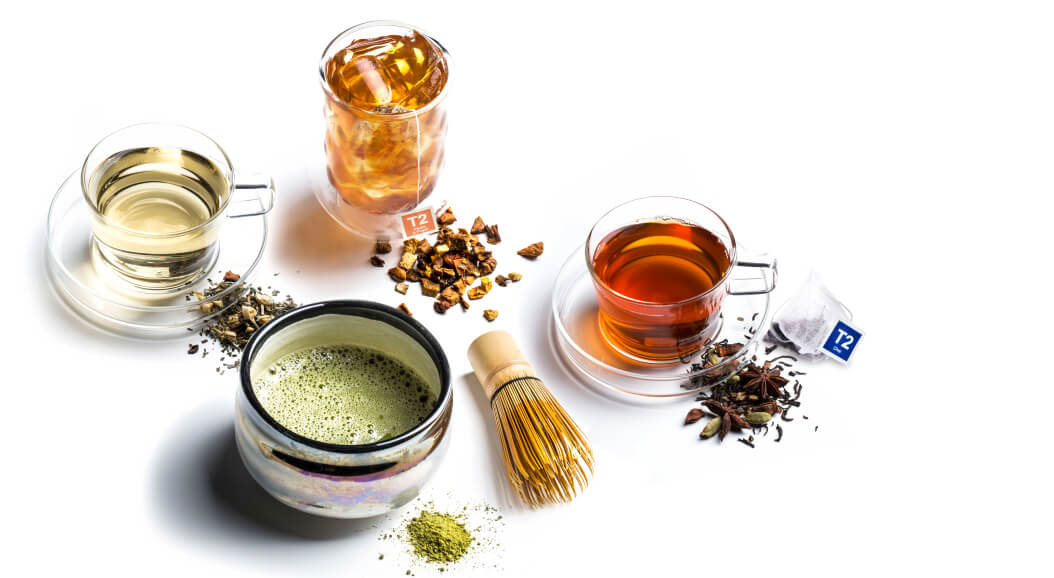 Various T2 Tea and Matcha displayed