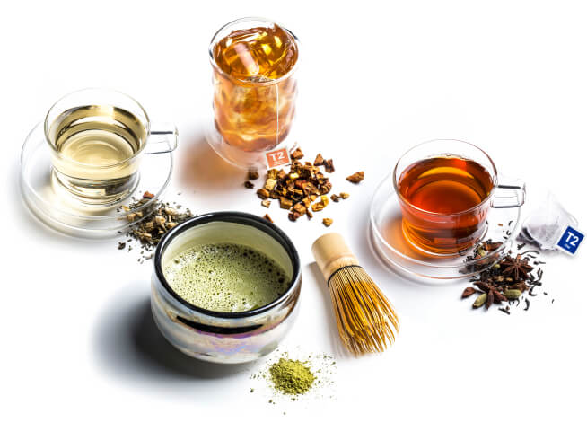 Various T2 Tea and Matcha displayed