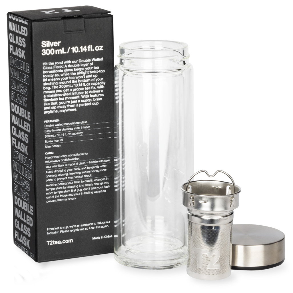 T2 Double Walled Glass Silver Flask